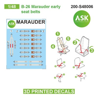 Art Scale 200-S48006 Martin B-26B Marauder seat belts - 3D-printed decals plastic printed seat belts for a plastic kit 1/48
