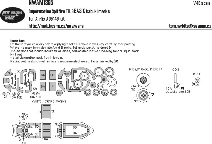 New Ware M1365 Mask Supermarine Spitfire TR.9 BASIC (AIRFIX) 1/48