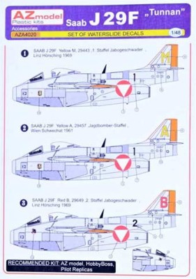 Az Model A4020 1/48 Decal set SAAB J29F Tunnan (3x Austrian camo) 1/48