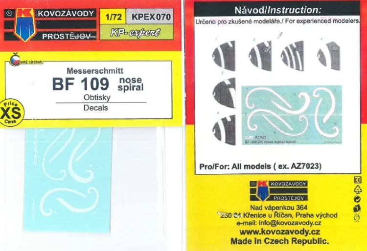 Kovozavody Prostejov EX070 Decals Bf 109 nose spiral 1/72