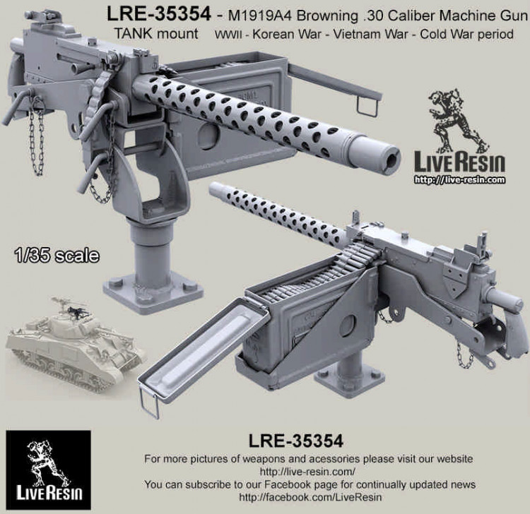 LiveResin LRE35354 Стойка с пулеметом .030 Браунинг М1919А1 для установке на бронетехнике два варианта пулемета в наборе 1/35