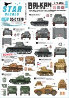 Star Decals 35-C1270 Balkan WWII # 1. Croatia in WWII. Ustache/Ustacha tanks.Pz.Kpfw.I Ausf.A, Ansaldo CV.33 and CV.35, Autoblinda AB 41, TK-3,Carro Armato L6/40, Carro Armato M14/41 with Pz.Kpfw 38(t) turret, Semovente de 47/32.This 1/35 set includes two
