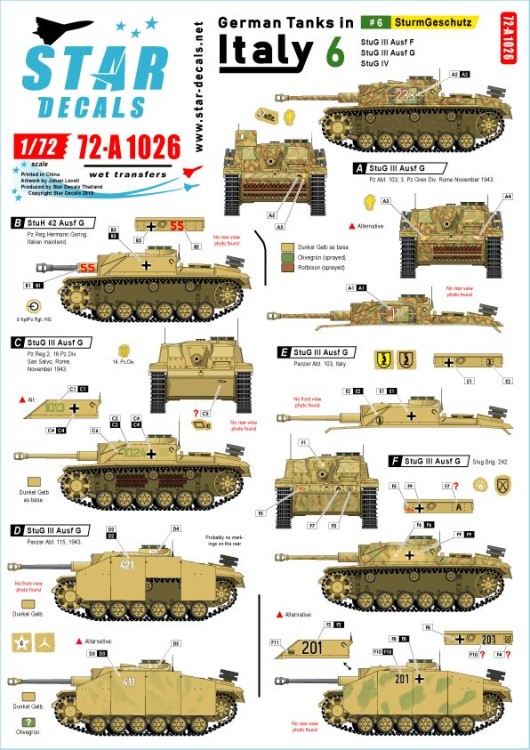Star Decals 72-A1026 German tanks in Italy # 6. Sturmgeschutz.StuG.III Ausf.F/8, StuG.III Ausf.G, StuH 42 Ausf.G and StuG IV 1/72