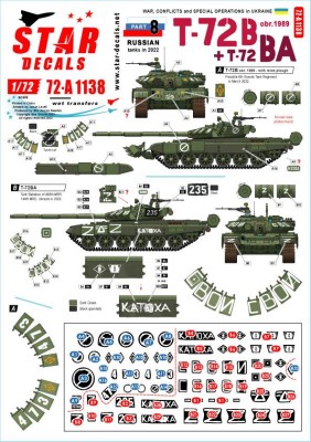 Star Decals 72-A1138 War in Ukraine # 8. Russian T-72B (obr 1989) and T-72BAoperating in Ukraine in 2022 1/72