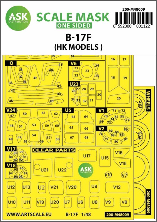 Art Scale 200-M48009 Boeing B-17F Flying Fortress wheels and canopy frame paint masks ((outside only) 1/48