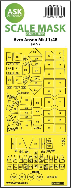 Art Scale 200-M48112 Avro Anson Mk.I canopy frame paint mask (outside only) 1/48