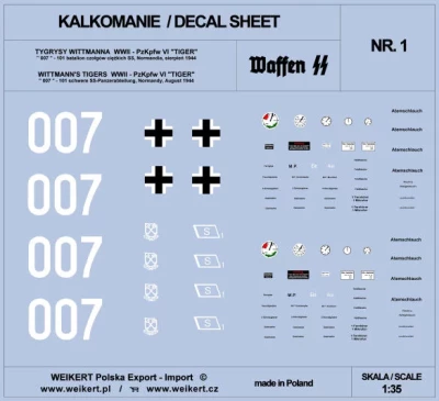 Weikert Decals 201 TIGER I '007' 101st SS, Normandy, August 1944 1/35