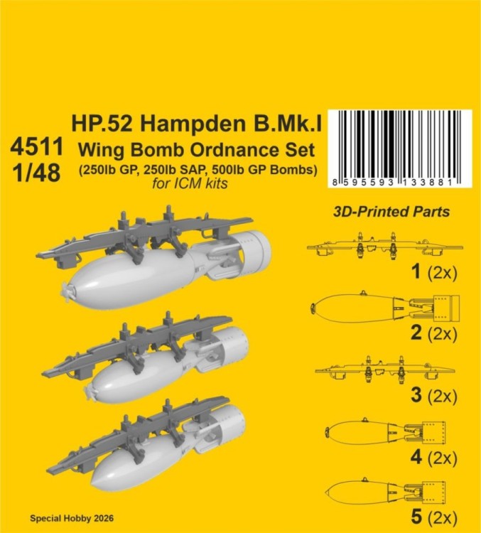CMK SP4511 HP.52 Hampden B.Mk.I Wing Bomb Ordn.Set 1/48