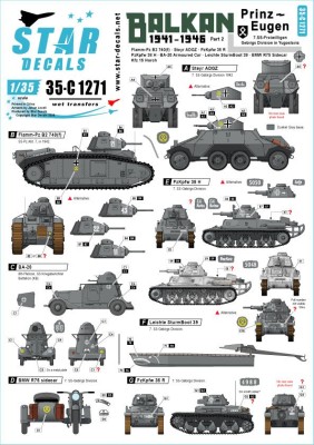 Star Decals 35-C1271 Balkan WW2 # 2. 7. SS-Freiwilligen Gebirgs Division Prinz-Eugen in Yugoslavia.Flamm-Pz B2 740(f), Steyr ADGZ, Pz.Kpfw 35 R, Pz.Kpfw 38 H, BA-20, BMW R75 Sidecar, Kfz 15 Horsch, Leichte Sturmboot 39 1/35