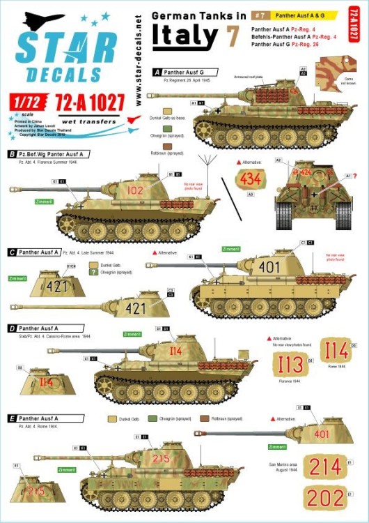 Star Decals 72-A1027 German tanks in Italy # 7. Pz.Kpfw.V Panther Ausf.A and Ausf.G.Panther Ausf.A, Panther Ausf.G and Befehls-Panther Ausf.A. Pz-Reg.4 and Pz-Reg. 26 1/72