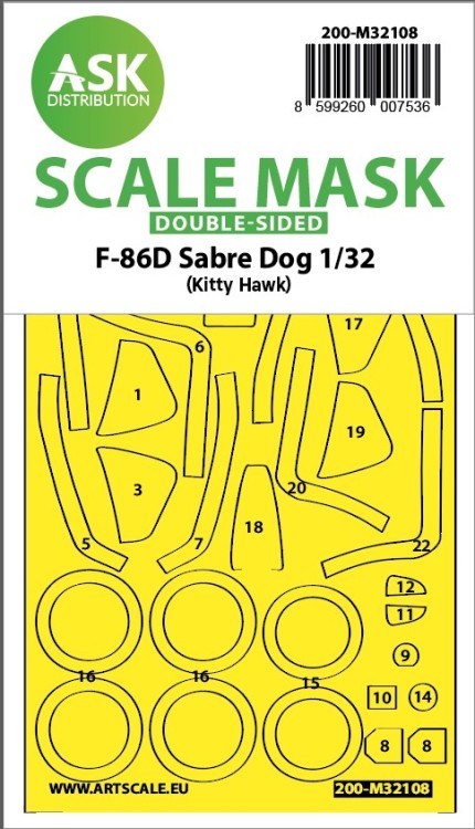 Art Scale 200-M32108 North-American F-86D Sabre Dog wheels and canopy frame paint mask (inside and outside) 1/32