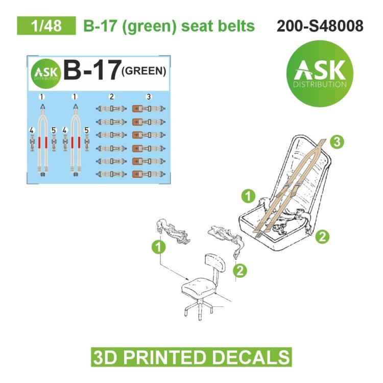 Art Scale 200-S48008 Boeing B-17F/B-17G Flying Fortress (green) pilots seat belts - 3D-printed decals 1/48