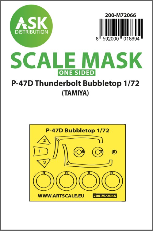 Art Scale 200-M72066 Republic P-47D Thunderbolt Bubbletop wheels and canopy frame paint masks (outside only) 1/72