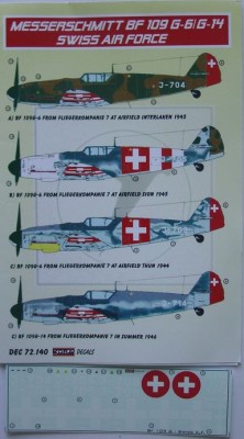 Kora Model DEC72140 Bf 109 G-6/G-14 (Swiss Air Force) декали декали 1/72
