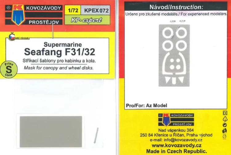 Kovozavody Prostejov EX072 Canopy&wheel mask Seafang F31/32 1/72