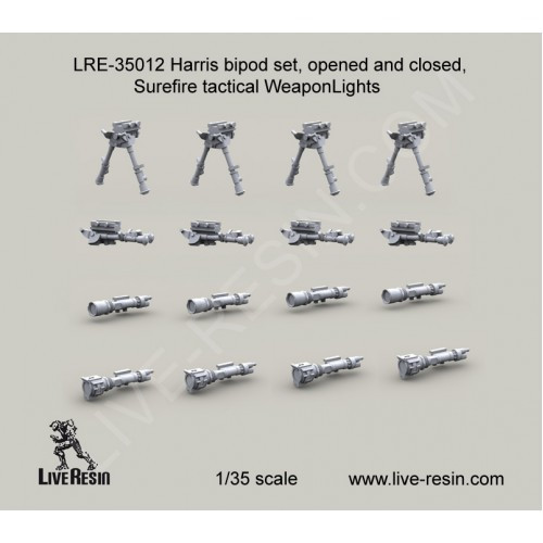 LiveResin LRE35012 Harris bipod set, opened and folded, Surefire tactical WeaponLights 1/35