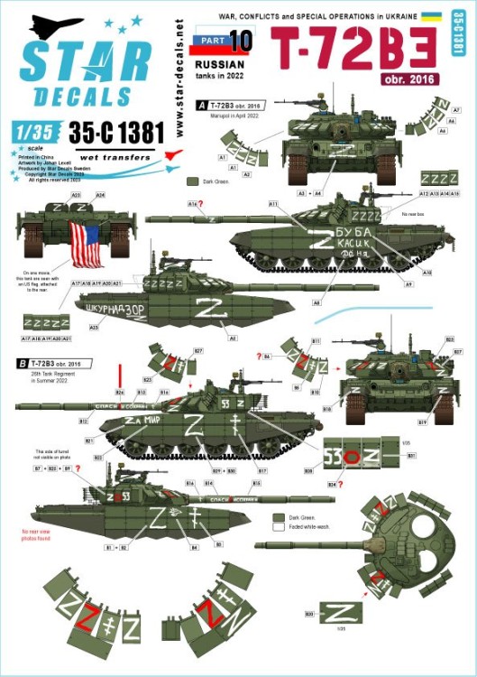 Star Decals 35-C1381 War in Ukraine # 10Russian T-72B3 (obr 2016) operating in Ukraine in 2022 1/35