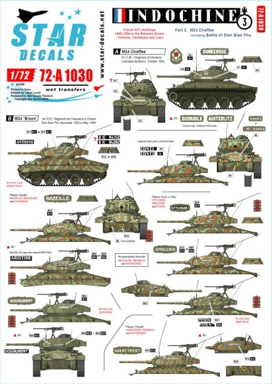 Star Decals 72-A1030 Indochine # 2. M24 Chaffee / Bison.1er Regiment de Chasseurs in Dien Bien Phu, R.I.C.M., 1er R.C.C.and other units 1/72
