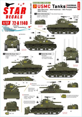 Star Decals 72-A1140 Korean War 1950-53 # 1. USMC Tanks. Sherman and Pershing. M4A3 105mm Dozer, M4A3 Flame-tank, M4A3 'Porcupine'M26A1 Pershing 1/72