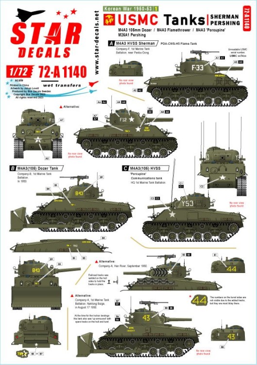 Star Decals 72-A1140 Korean War 1950-53 # 1. USMC Tanks. Sherman and Pershing. M4A3 105mm Dozer, M4A3 Flame-tank, M4A3 'Porcupine'M26A1 Pershing 1/72