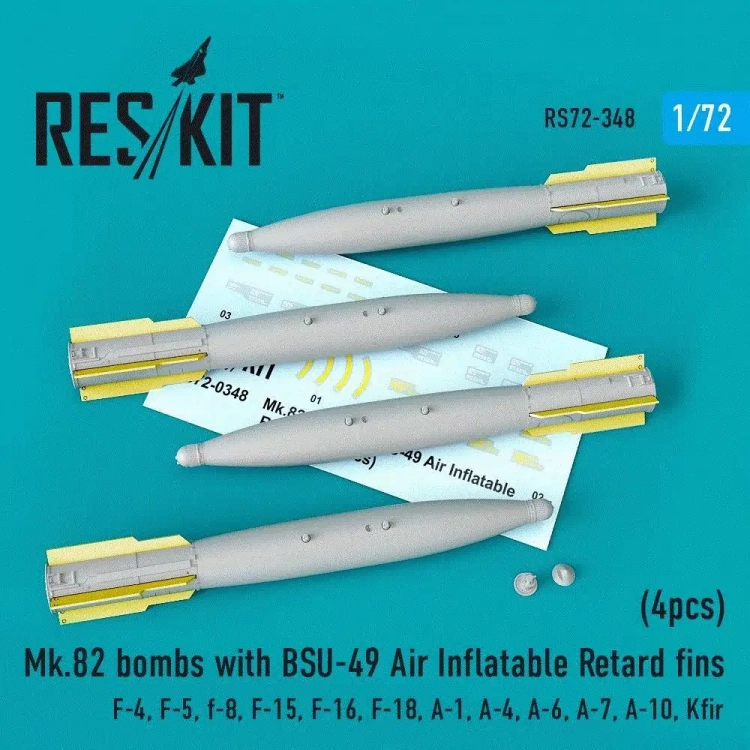 Reskit RS72-0348 Mk.82 bombs w/ BSU-49 Air Inflat.Retard fins 1/72