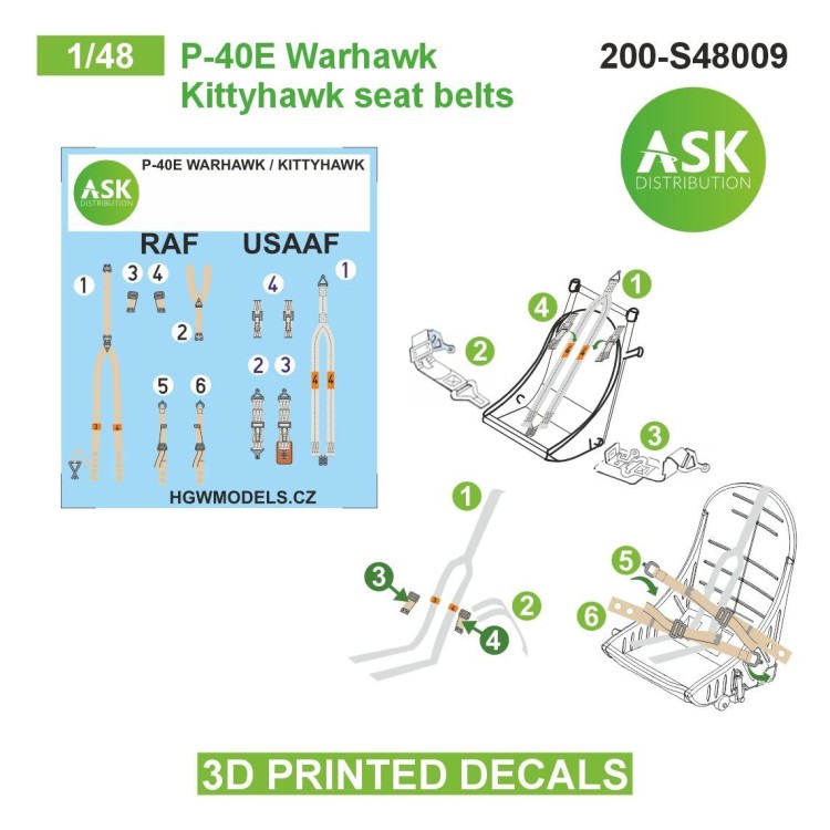 Art Scale 200-S48009 Curtiss P-40E Warhawk / Kitty Hawk Models pilot seat belts - 3D-printed decals 1/48