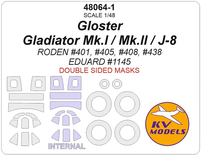 KV Models 48064-1 Gloster Gladiator Mk.I / Mk.II / J-8 (RODEN #401, #405, #408, #438 / EDUARD #1145) - (двусторонние маски) + маски на диски и колеса GB 1/48
