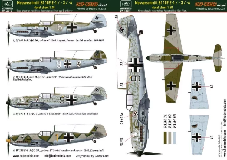 HAD DW48015 Decal Bf 109 E-1/E-3/E-4 (dry-water) 1/48