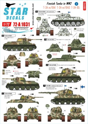 Star Decals 72-A1031 Finnish Tanks in WW2 # 3. Soviet T-34 m/1941, T-34 m/1943 and T34/85 1/72