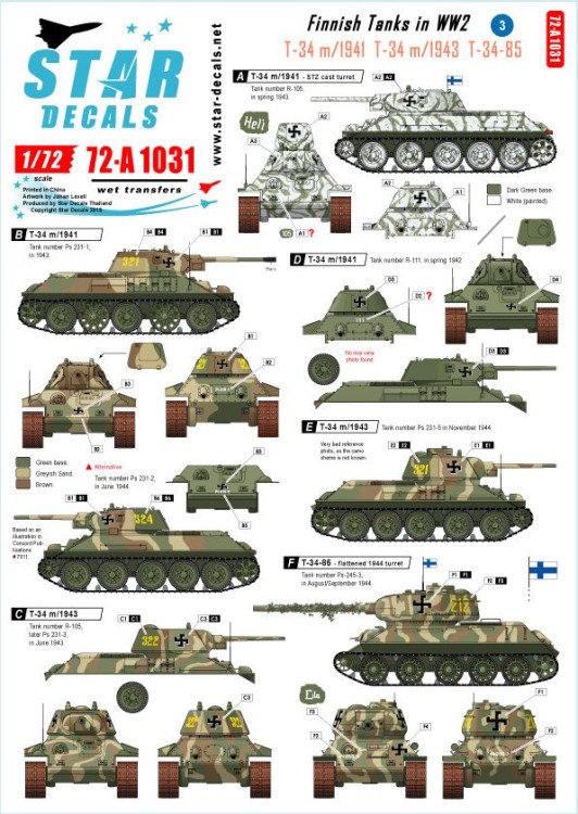 Star Decals 72-A1031 Finnish Tanks in WW2 # 3. Soviet T-34 m/1941, T-34 m/1943 and T34/85 1/72