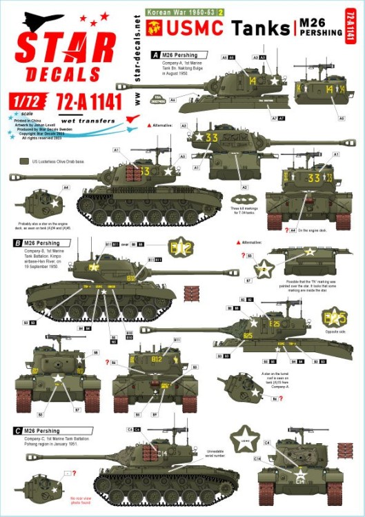 Star Decals 72-A1141 Korean War 1950-53 # 2. USMC Tanks. Pershing. M26 Pershing 1/72