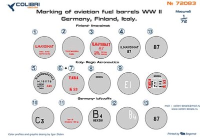 Colibri decals 72083 Marking of aviation fuel barrels WWII 1/72
