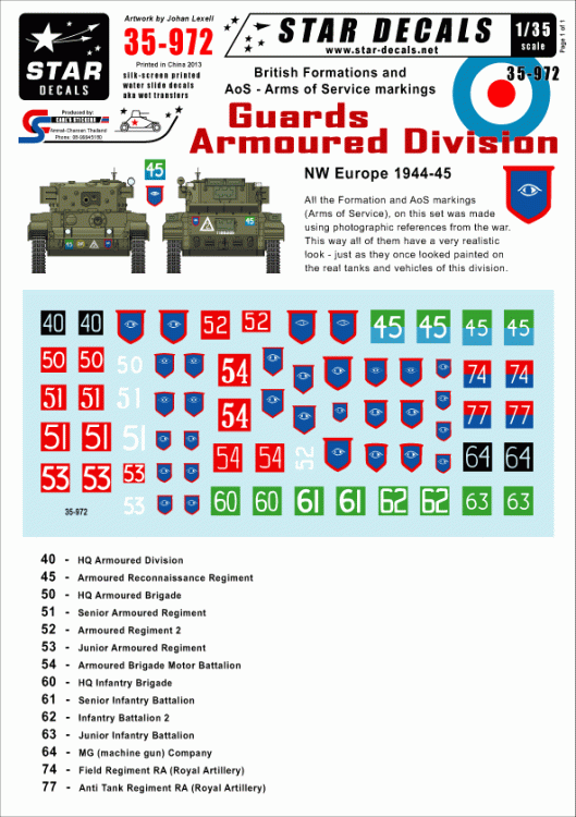 Star Decals STAR35972 British Guards Armoured Division NW Europe Generic Formations and AoS markings 1/35