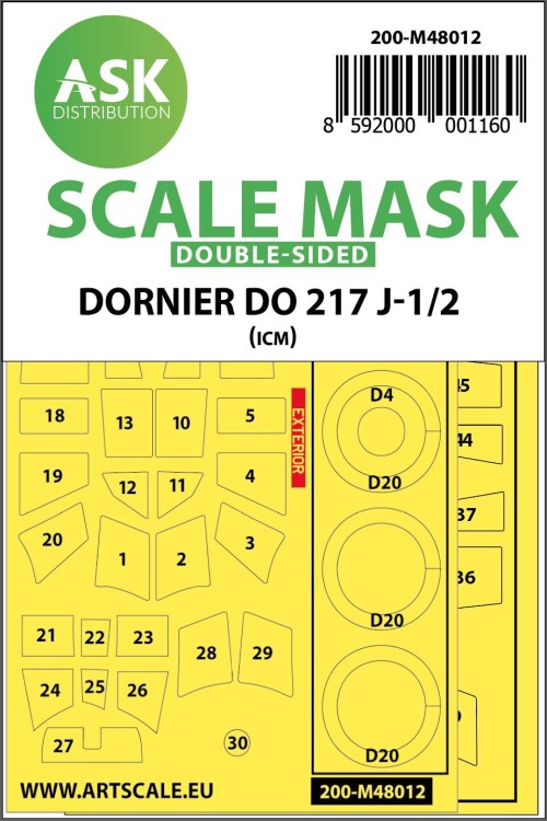 Art Scale 200-M48012 Dornier Do-217J-1/2 wheels and canopy frame paint masks (inside & outside) 1/48