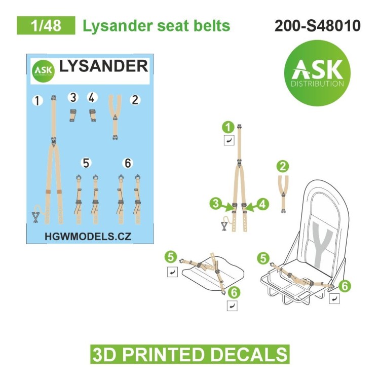 Art Scale 200-S48010 Westland Lysander Mk.I/Mk.III pilot seat belts - 3D-printed decals plastic printed pilot seat belts 1/48
