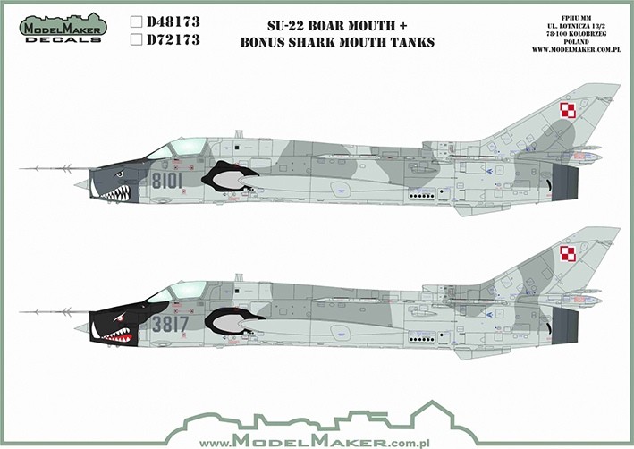Model Maker Decals D72173 Sukhoi Su-22 Boar Mouth + bonus shark mouth tanks 1/72