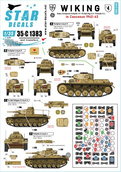 Star Decals 35-C1383 Wiking # 4.5. SS-Wiking in Caucasus 1942-43.Stabs kompanie Pz II Ausf.F, Pz.Bef.Wg III Ausf.H and Pz III Ausf.J 1/35