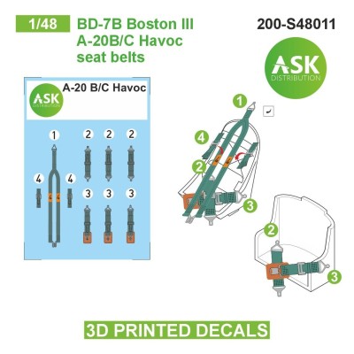 Art Scale 200-S48011 Douglas DB-7B Boston III / A-20B/C Havoc pilot seat belt clamp - 3D-printed plastic printed decals for crew seat belt restraints 1/48