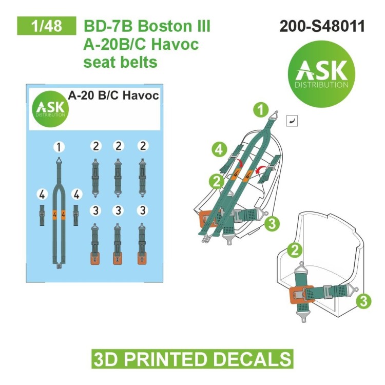 Art Scale 200-S48011 Douglas DB-7B Boston III / A-20B/C Havoc pilot seat belt clamp - 3D-printed plastic printed decals for crew seat belt restraints 1/48