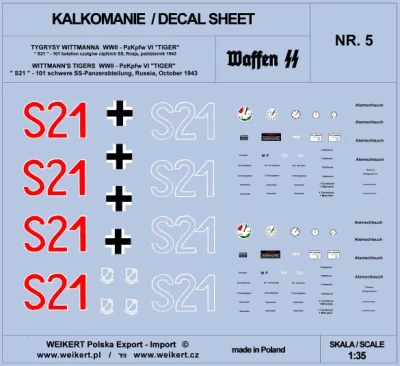Weikert Decals 205 TIGER I 'S21' 101st SS, Russia, October 1943 1/35