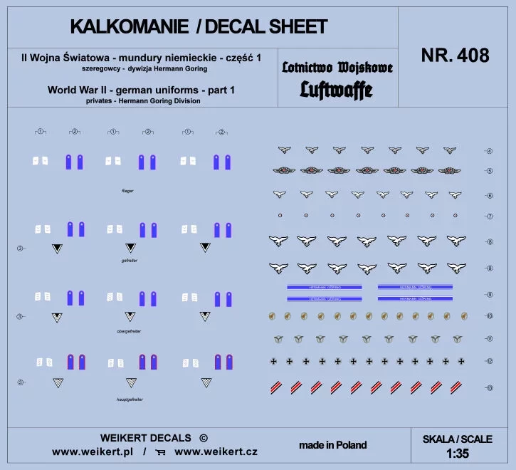 Weikert Decals 408 German Uniforms WWII Hermann Goring div. pt.1 1/35