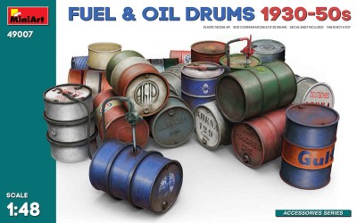 Miniart 49007 Fuel &amp; Oil drums 1930-50s (20 pcs.,w/ decals) 1/48