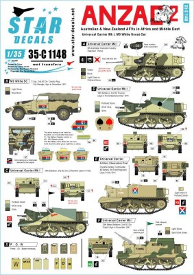 Star Decals 35-C1148 ANZAC # 2. Australian &amp; NZ AFVs in Mid-East and Africa. Universal Carriers, Scout Car 1/35