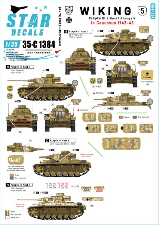 Star Decals 35-C1384 Wiking # 5.5. SS-Wiking in Caucasus 1942-43.Pz III Ausf.J short gun, Pz III Ausf.J long gun and Pz III Ausf.N.Plus generic turret numbers 0-1-2-3-4-5 1/35