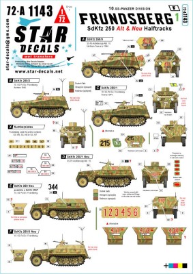 Star Decals 72-A1143 Frundsberg # 1.10. SS-Panzer Division.Sd.Kfz.250 'ALT' and 'NEU' versions.Sd.Kfz.250/1, Sd.Kfz.250/3, Sd.Kfz.250/9, Sd.Kfz.250/7(?) 1/72