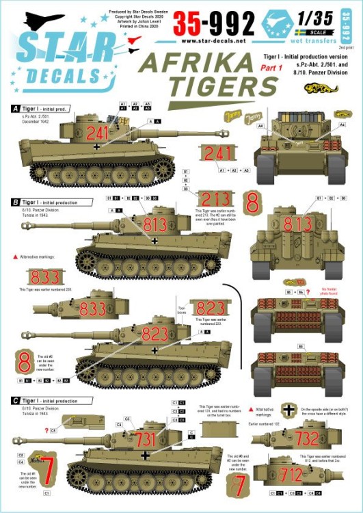 Star Decals STAR35992 DAK/Afrika Korps Pz.Kpfw.VI Tigers #1 s.Pz-Abt 501 and 10 Panzer Division 1/35