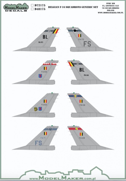 Model Maker Decals D72175 Belgian General-Dynamics F-16A/F-16B Squadrons generic set 1/72