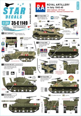 Star Decals 35-C1149 Royal Artillery in Italy. M7 Priest, M3 Halftrack, Sherman, M10 Achilles 1/35