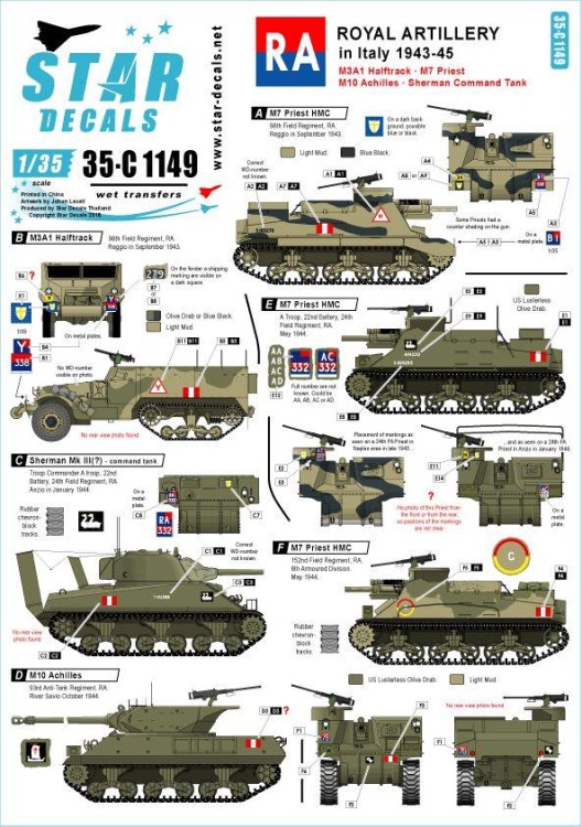 Star Decals 35-C1149 Royal Artillery in Italy. M7 Priest, M3 Halftrack, Sherman, M10 Achilles 1/35