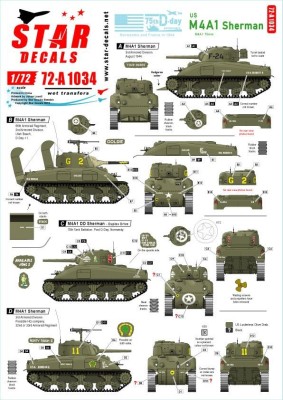 Star Decals 72-A1034 US M4A1 Sherman. 75th-D-Day-Special.Normandy and France in 1944.3rd Armored Division, 66th Armored Regiment, 70th Tank Battalion, 741st Tank Battalion 1/72